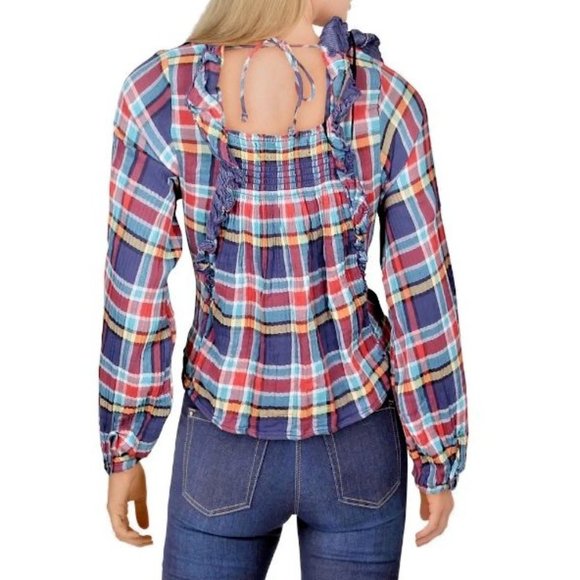 Free People Navy Combo Siena Plaid Pullover Blouse OB1047044 - Picture 2 of 2